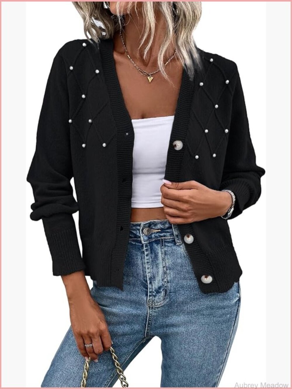 Women's Button Up Cardigan V Neck Faux Pearls Dressy Fall Sweater